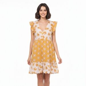Code X Mode Floral Ruffle Mustard and White Dress Spring Boho Womens Size Large